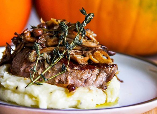 RECIPE: Pan Seared Bently Ranch Sirloin w/ Sautéed Wild Mushrooms and Cauliflower Puree